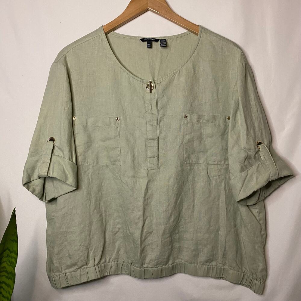 Ellen Tracy| Women's fairy 100% linen sage green academia blouse